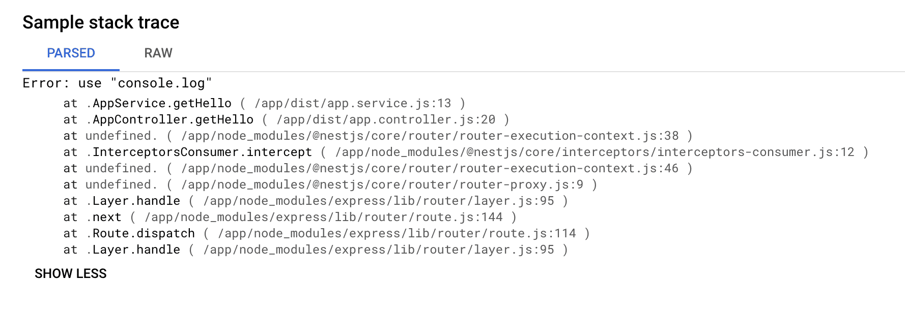 error reporting with console.log